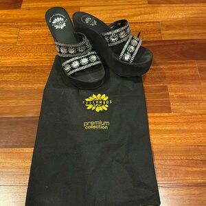 Yellow Box Black Embellished Slide Sandals